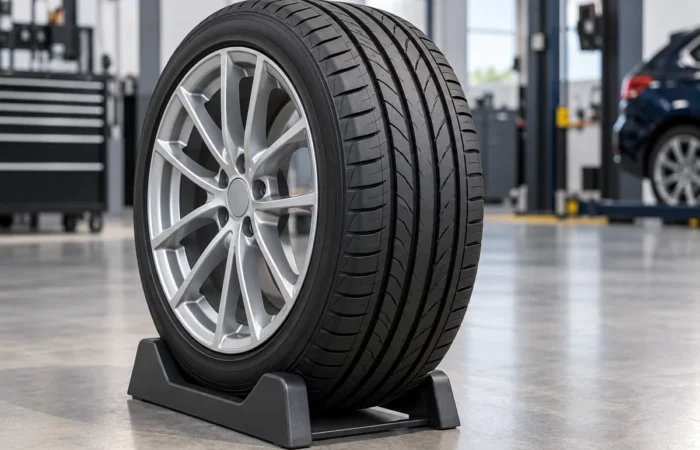 Passenger car tire and alloy wheel showing tread and sidewall