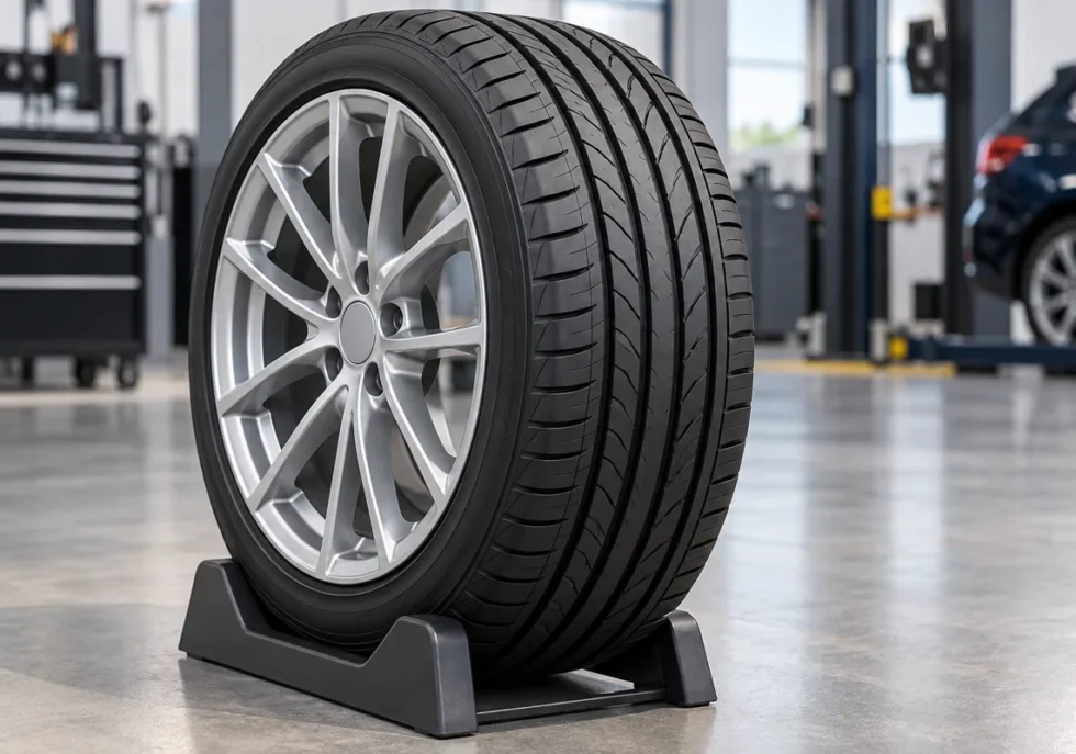 Passenger car tire and alloy wheel showing tread and sidewall