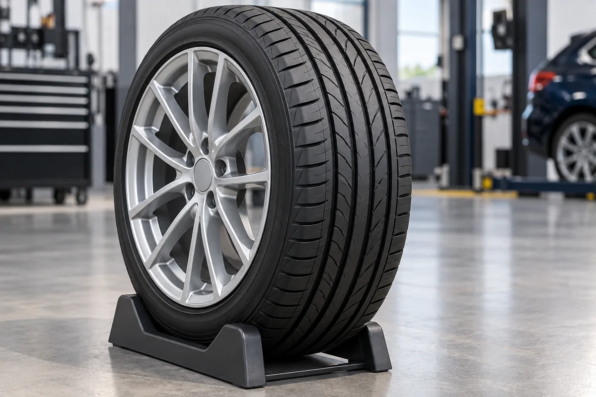 Passenger car tire and alloy wheel showing tread and sidewall