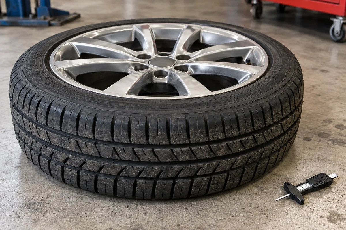 Removed wheel and tire beside a tread depth gauge