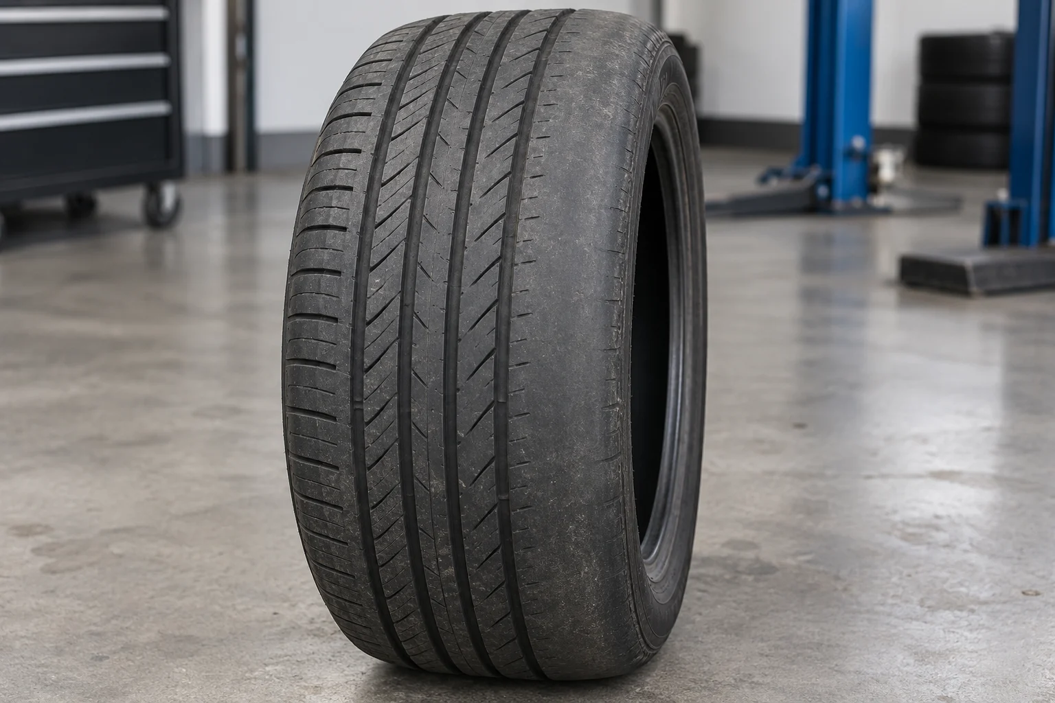 Tire with uneven shoulder wear beside deeper center tread