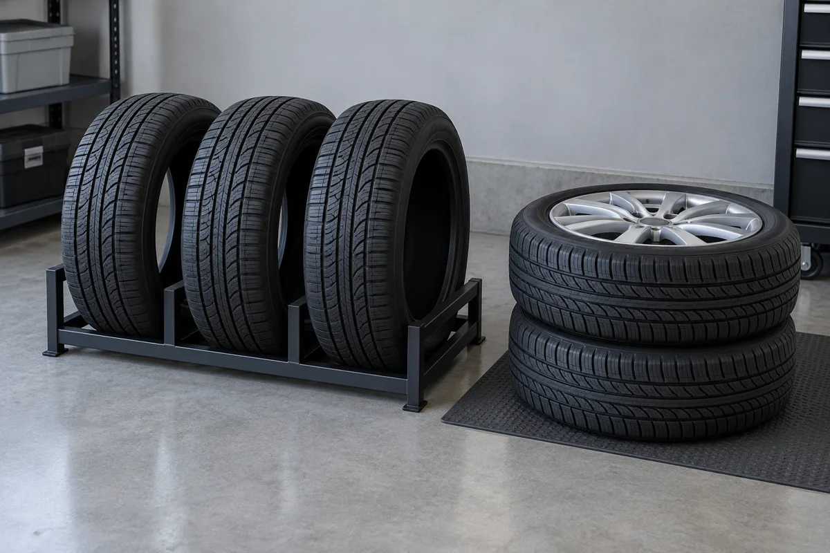 Unmounted tires stored upright beside stacked wheel assemblies
