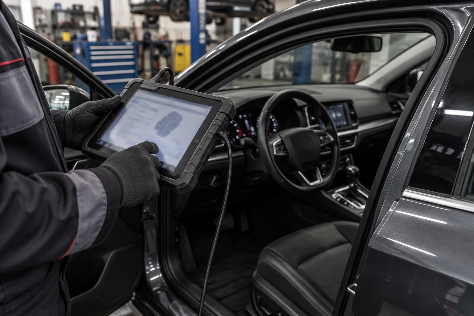 Illustration of an automotive diagnostic tablet beside a sedan