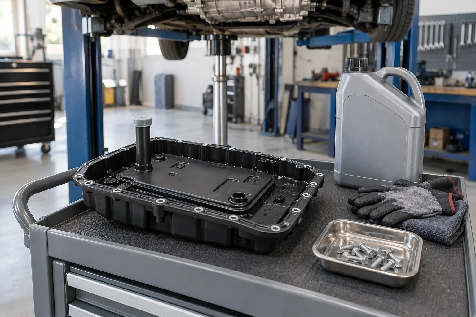 Illustration of a replacement transmission pan, filter and service fluid