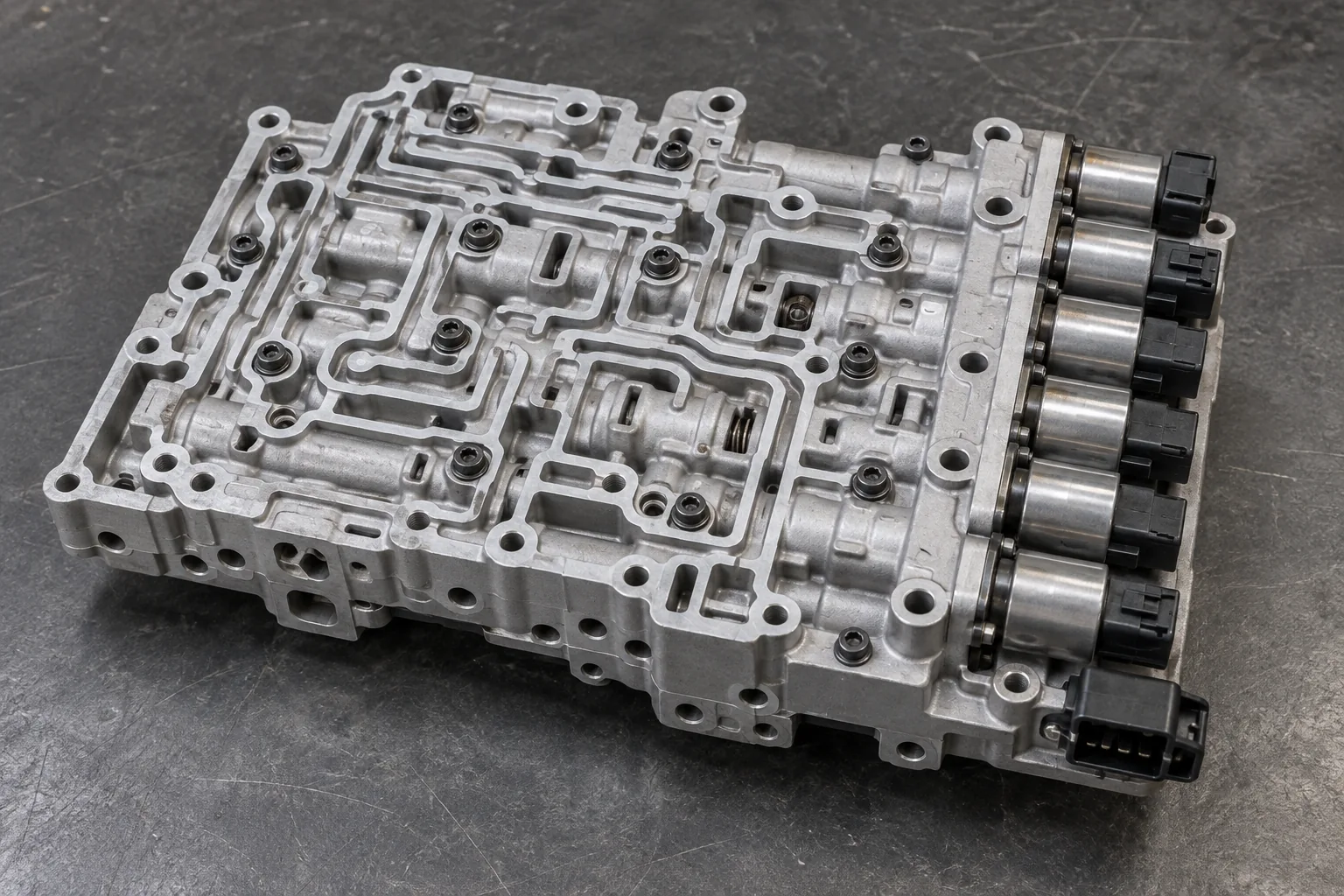 Transmission valve body with hydraulic channels and solenoids