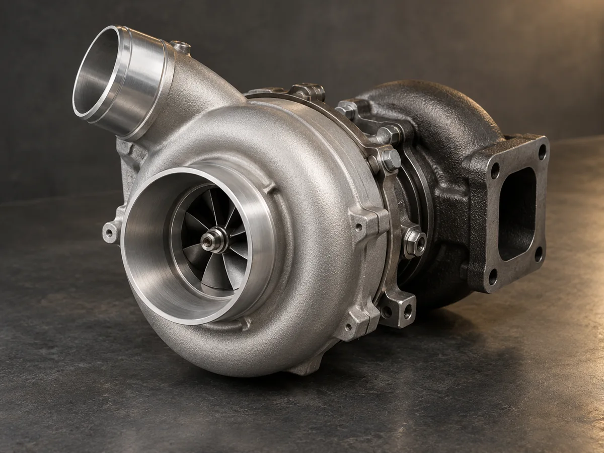 Illustration of a turbocharger with aluminum compressor and cast turbine housings