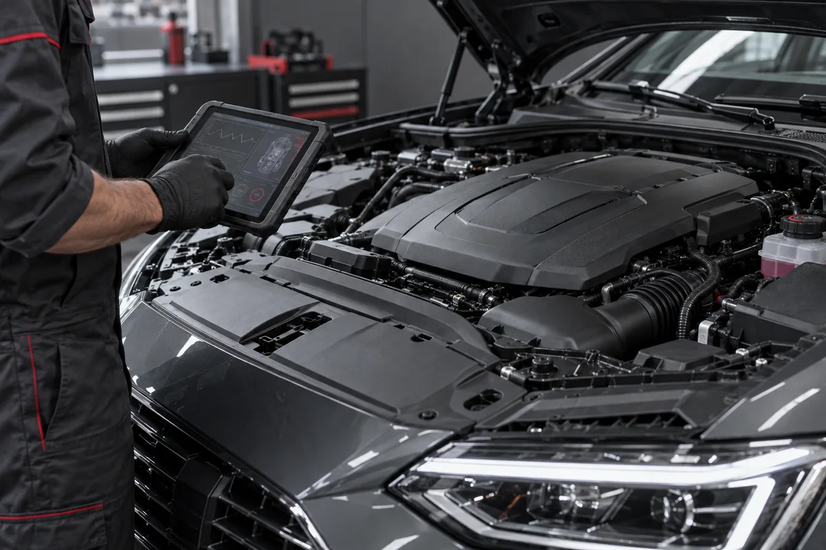 Technician reviewing a diagnostic tablet beside a BMW