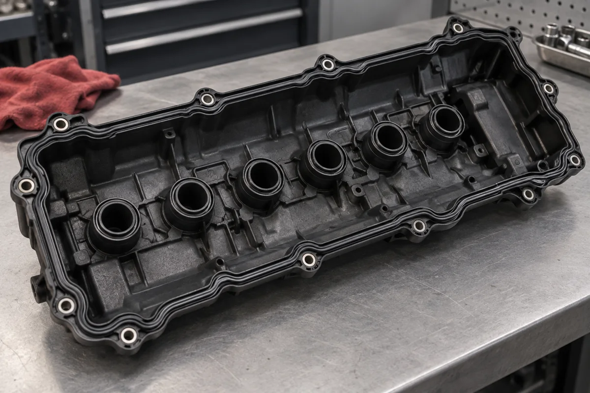 Illustration of a valve cover and its molded rubber gasket
