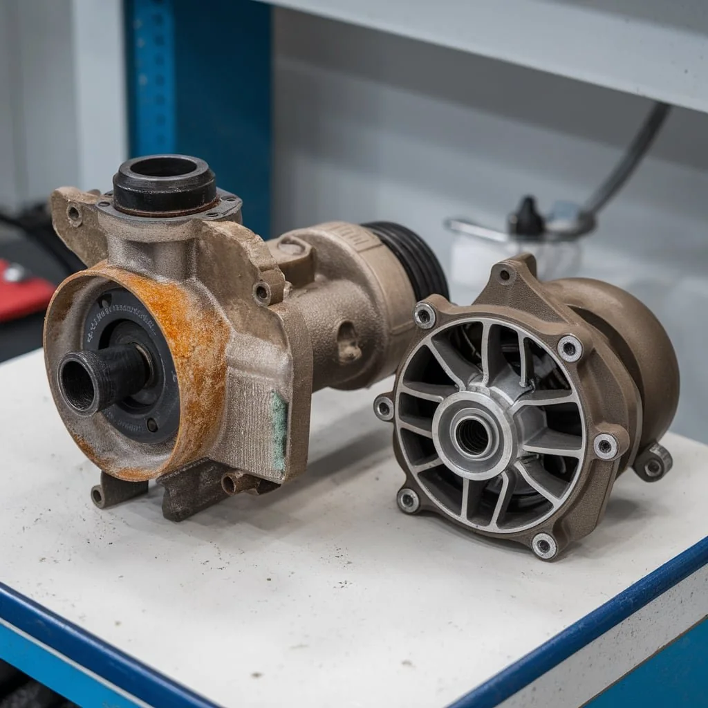Illustration of water-pump components on a workshop bench