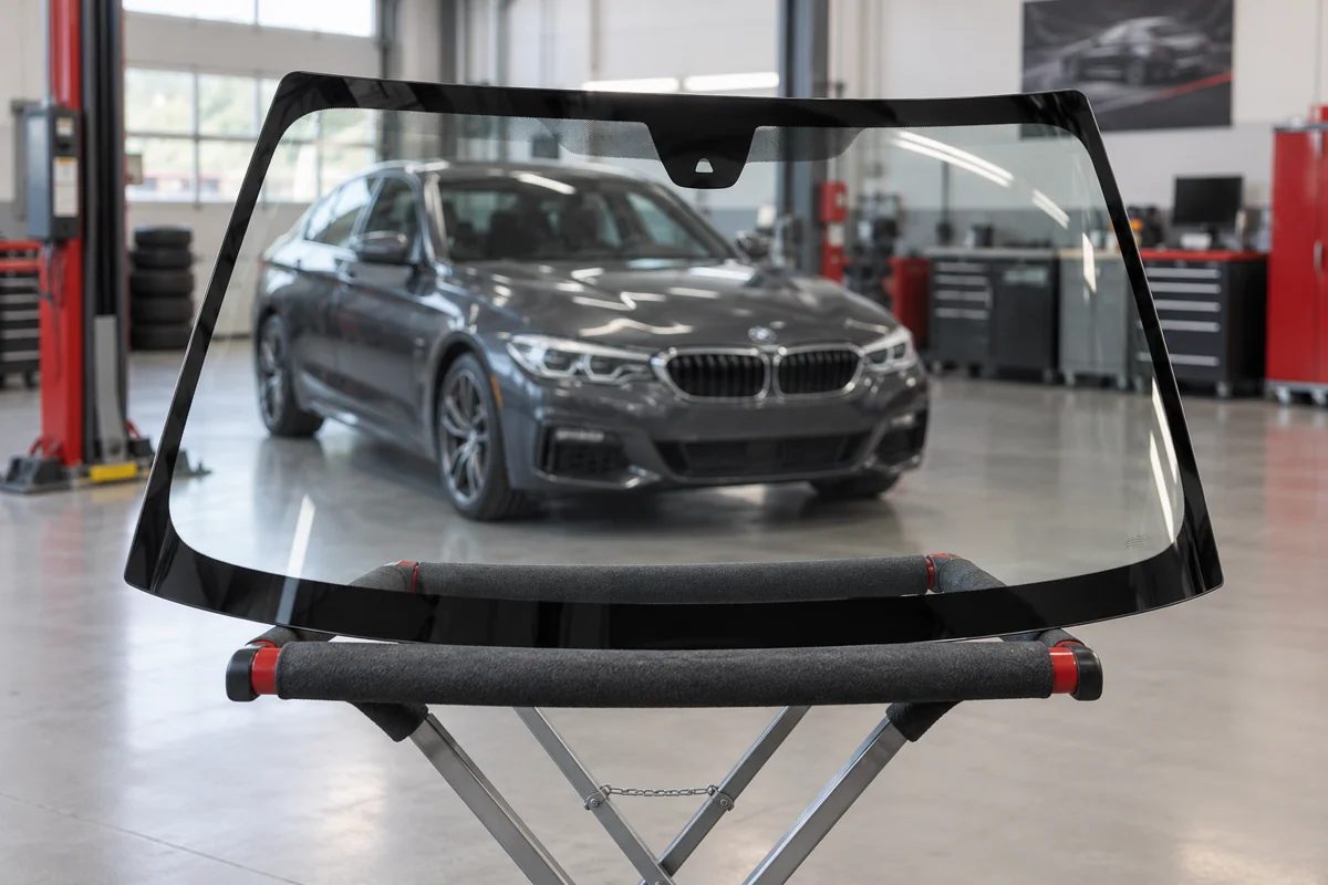 Replacement windshield on a padded stand in a workshop