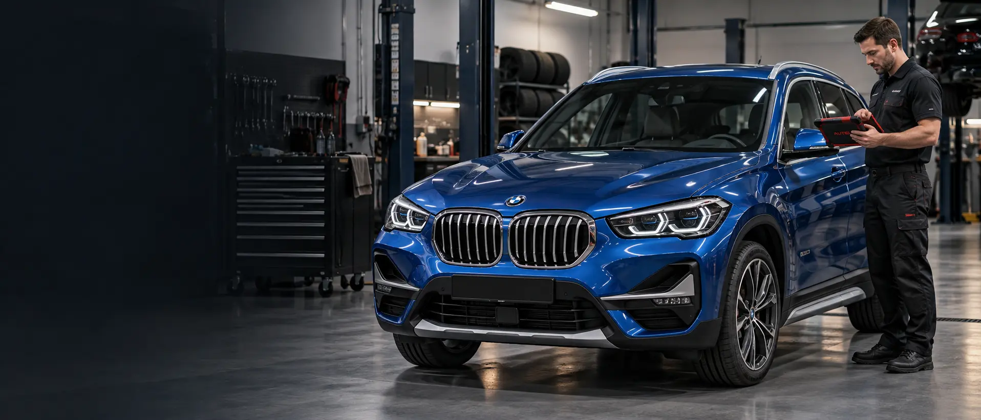 Blue BMW X1 in a specialist workshop during Autel diagnostic testing