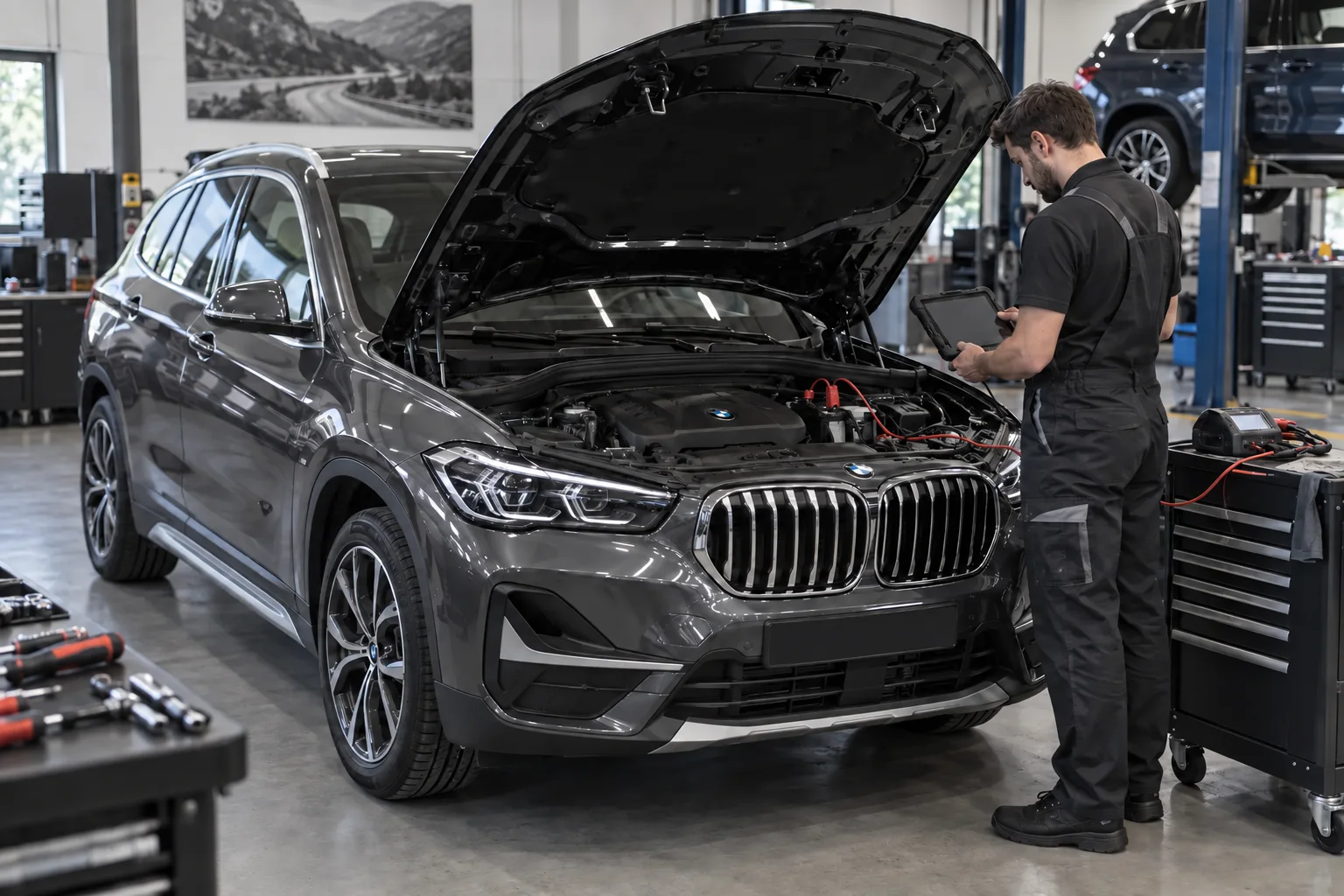 Technician diagnosing the battery and electrical system on a grey BMW X1