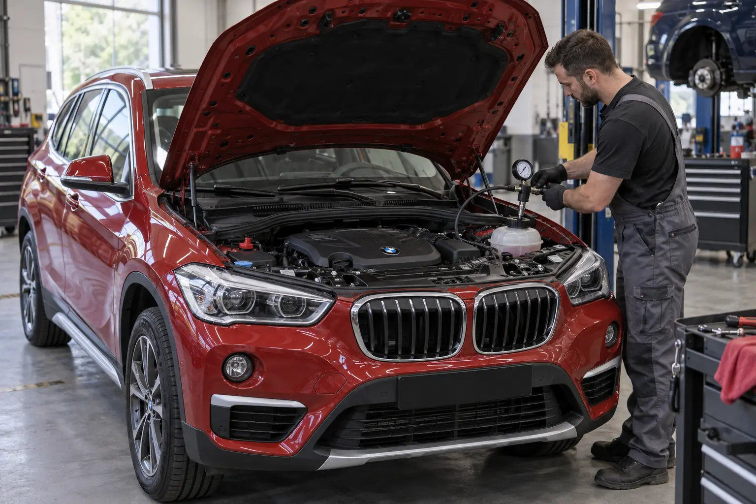 Technician pressure testing the cooling system on a red BMW X1