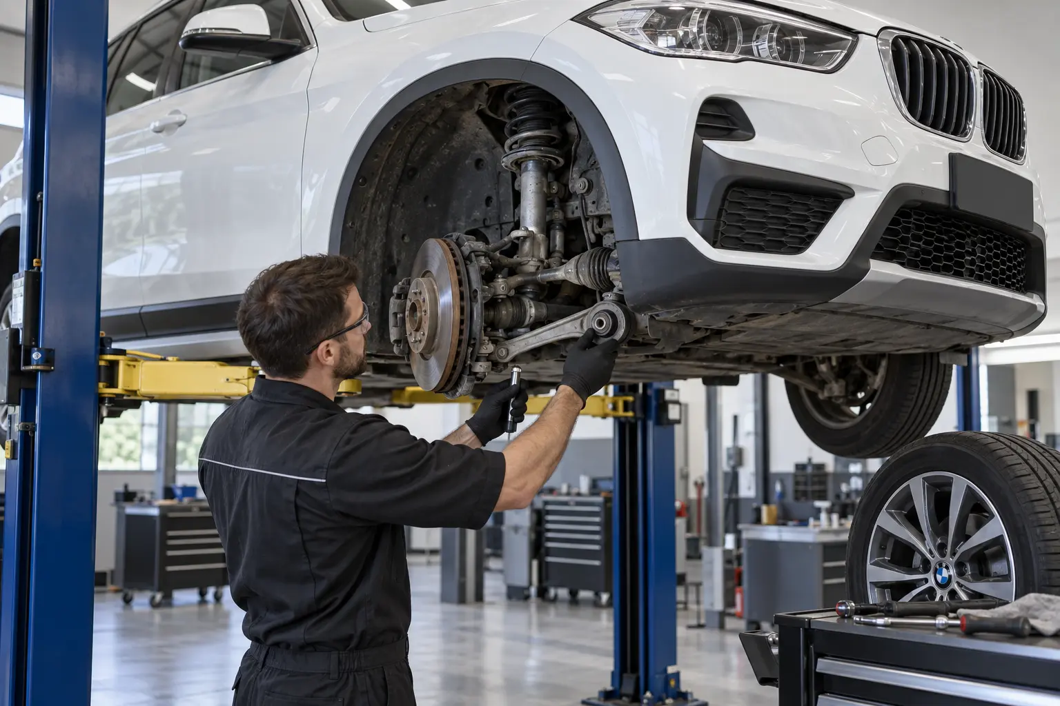 Technician inspecting the front suspension on a white BMW X1