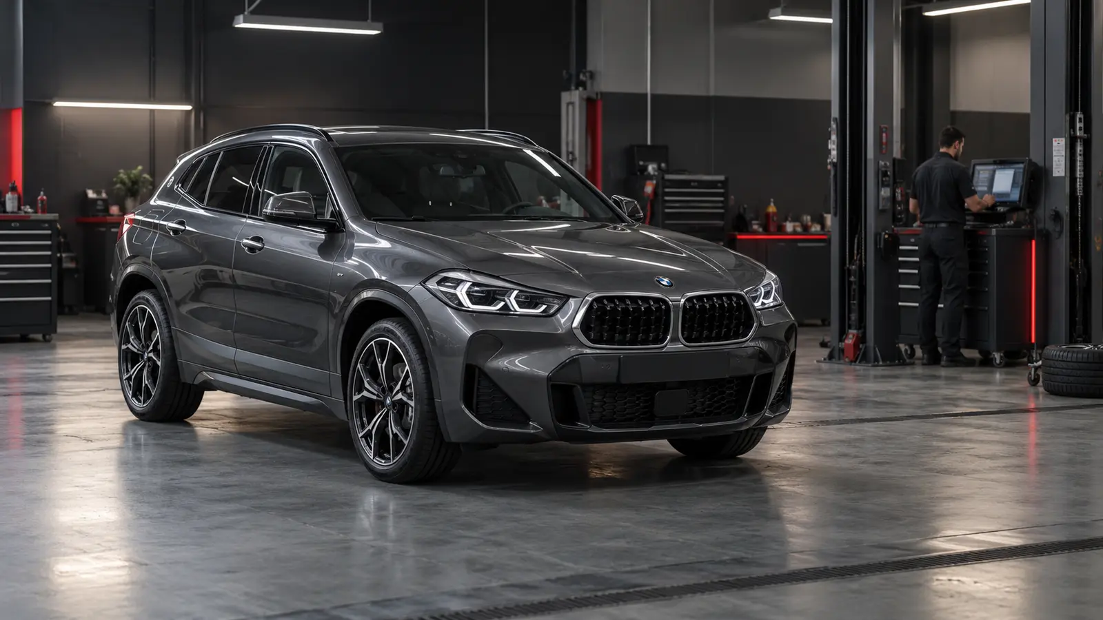 Grey BMW X2 in a specialist workshop in Dubai