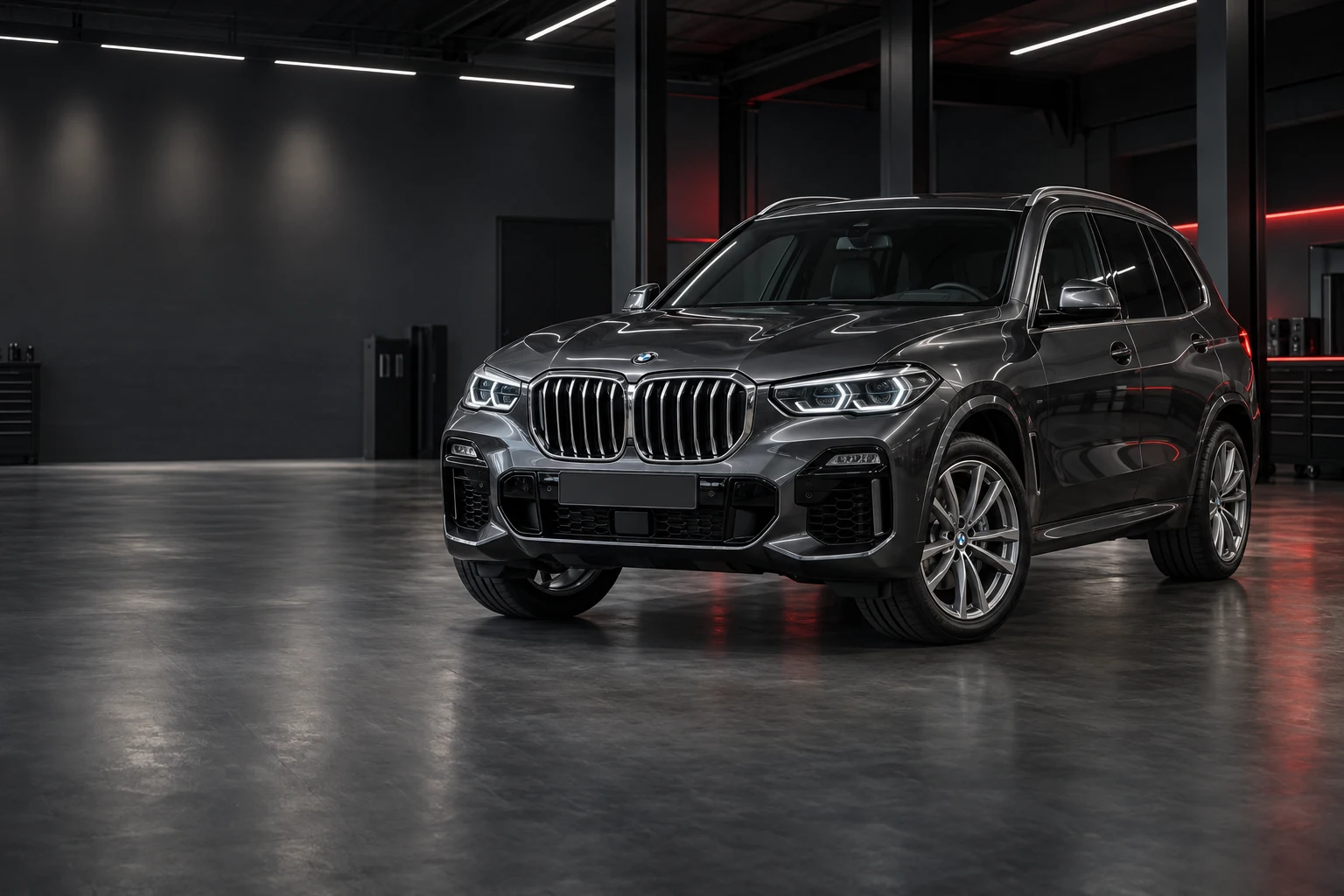 Illustration of a graphite BMW X5 in a workshop