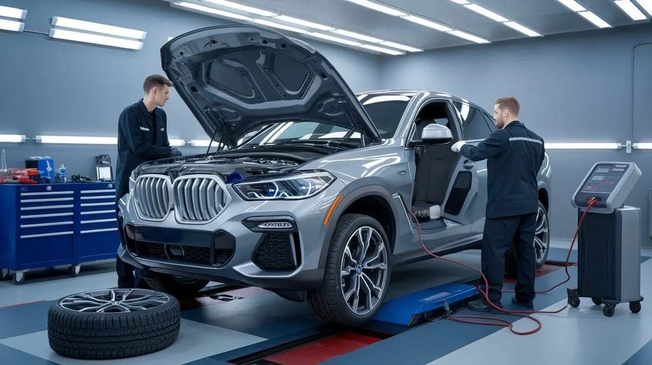 Grey BMW X6 in a specialist workshop during inspection