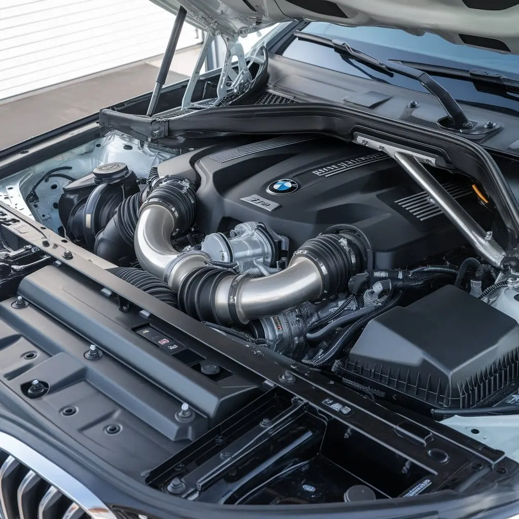 BMW X6 turbocharged engine bay prepared for inspection