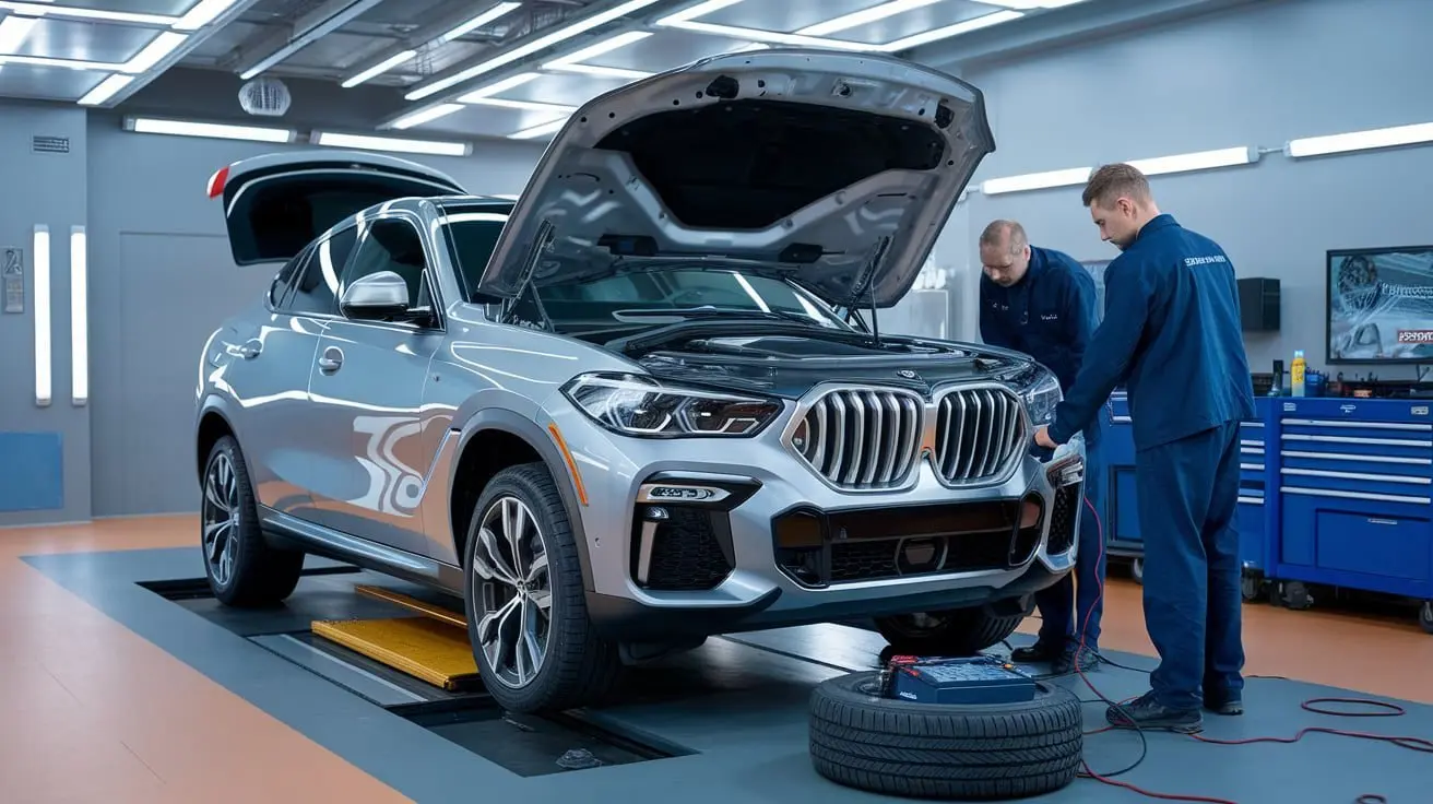Grey BMW X6 raised in a workshop for mechanical inspection
