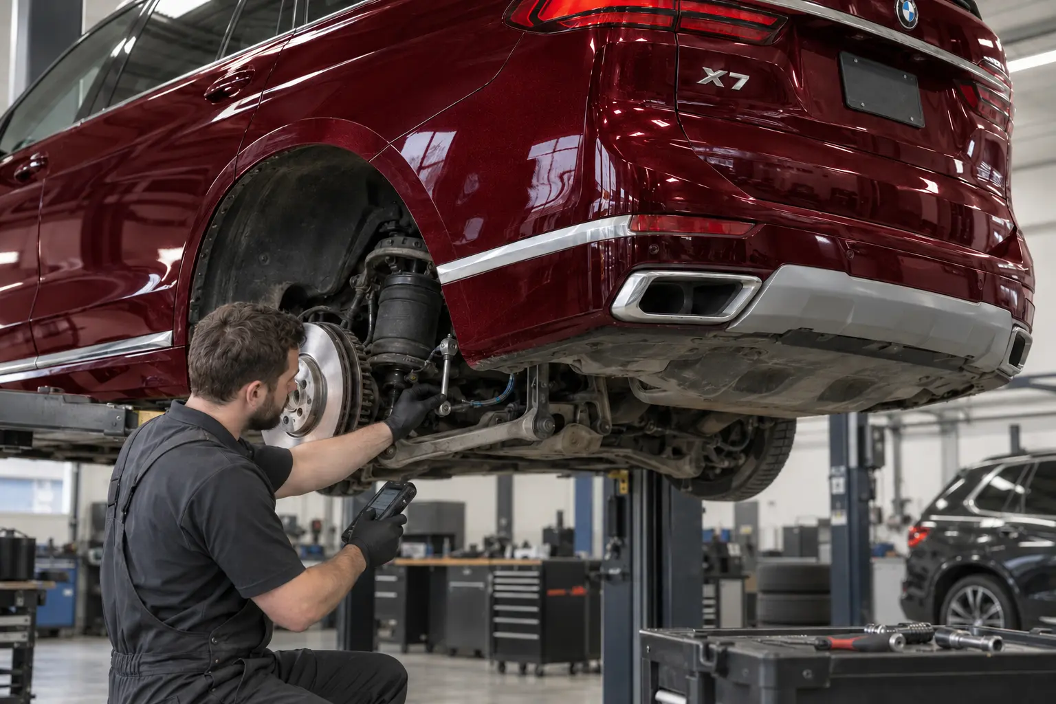 Technician inspecting the rear air suspension on a burgundy BMW X7