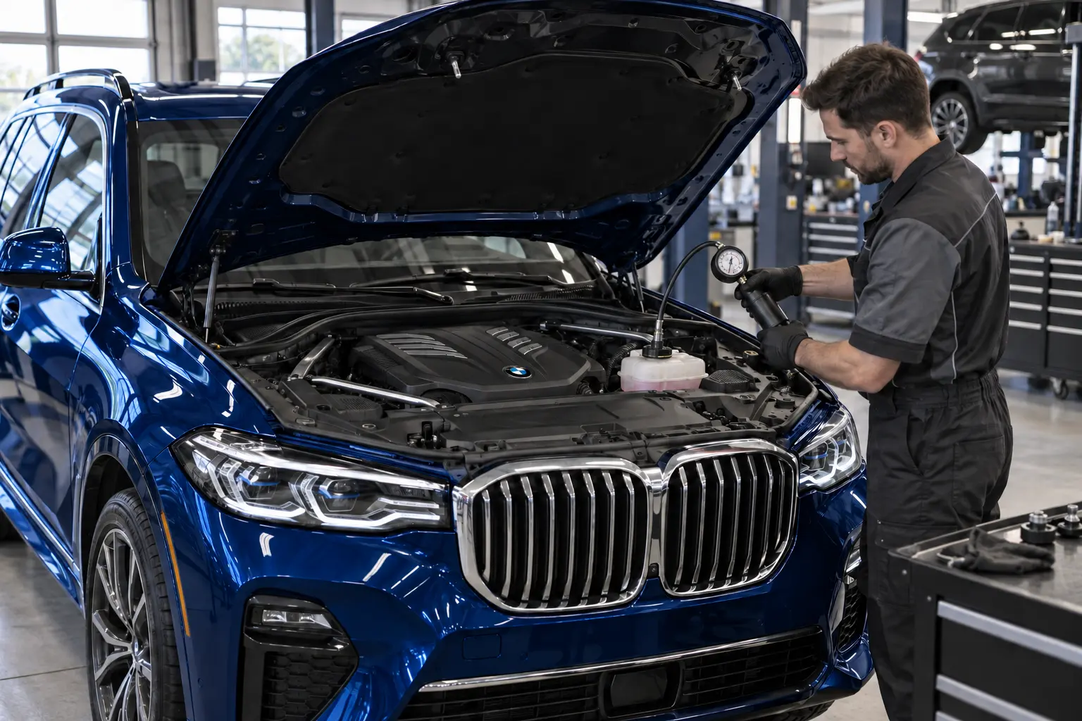 Technician pressure testing the cooling system on a blue BMW X7