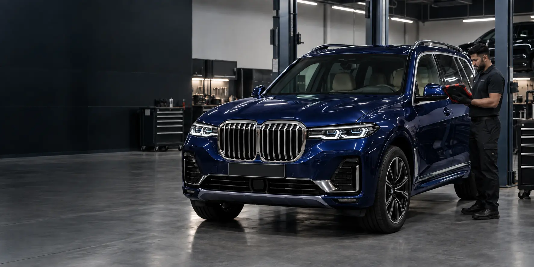 Blue BMW X7 in a specialist workshop during Autel diagnostic testing