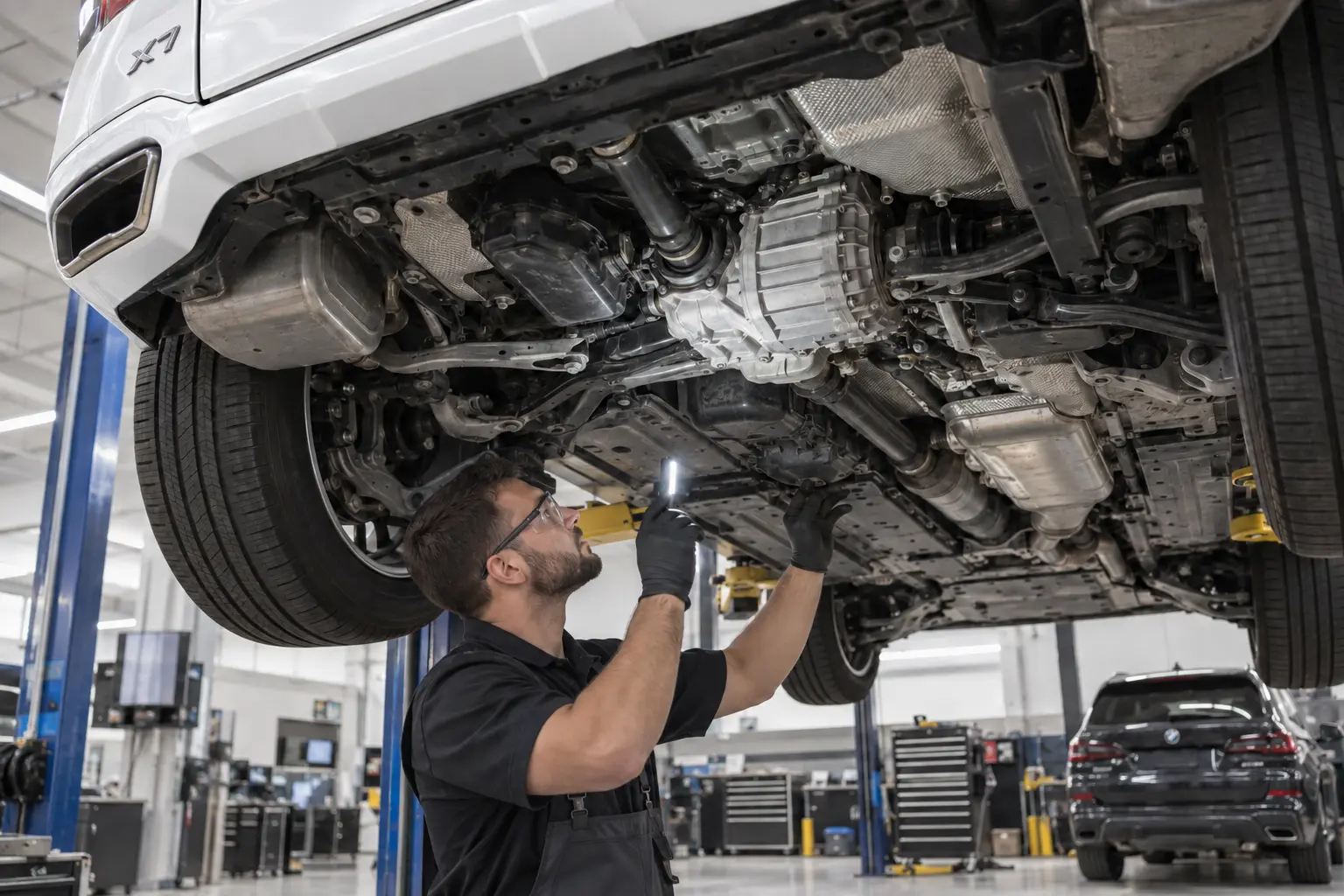 Technician inspecting the xDrive system under a white BMW X7