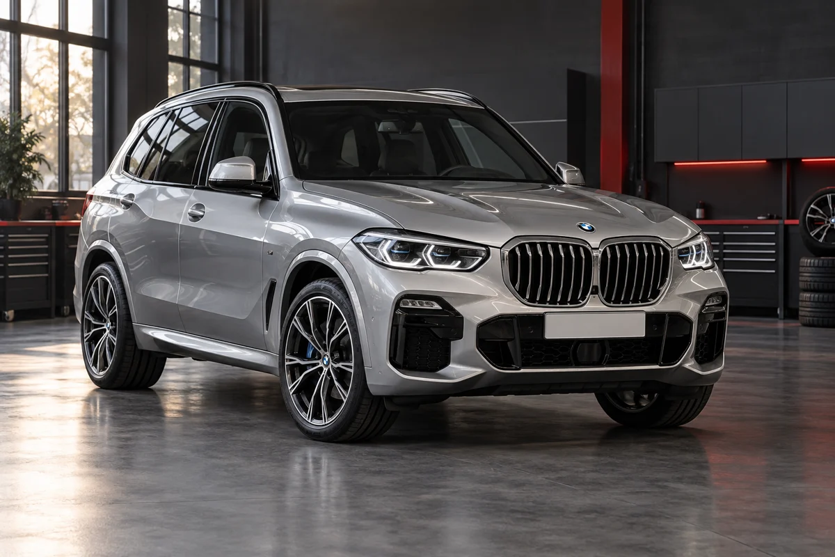 Silver BMW X5 in a workshop setting