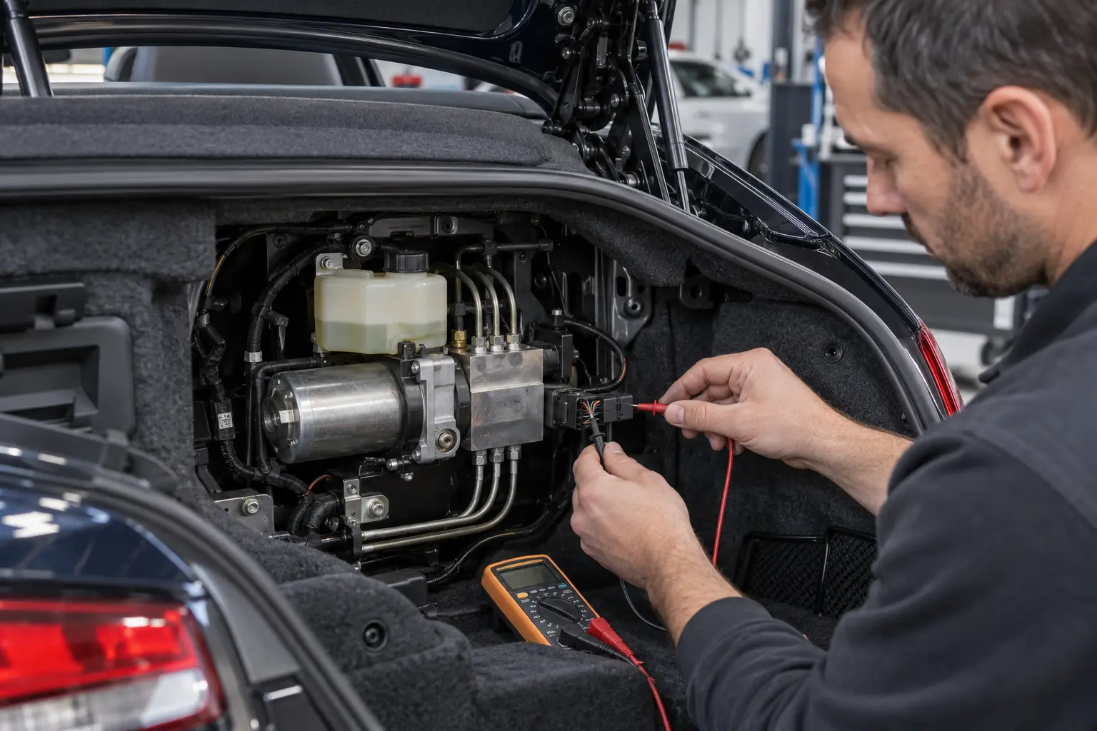 Technician testing a BMW Z4 convertible roof hydraulic pump