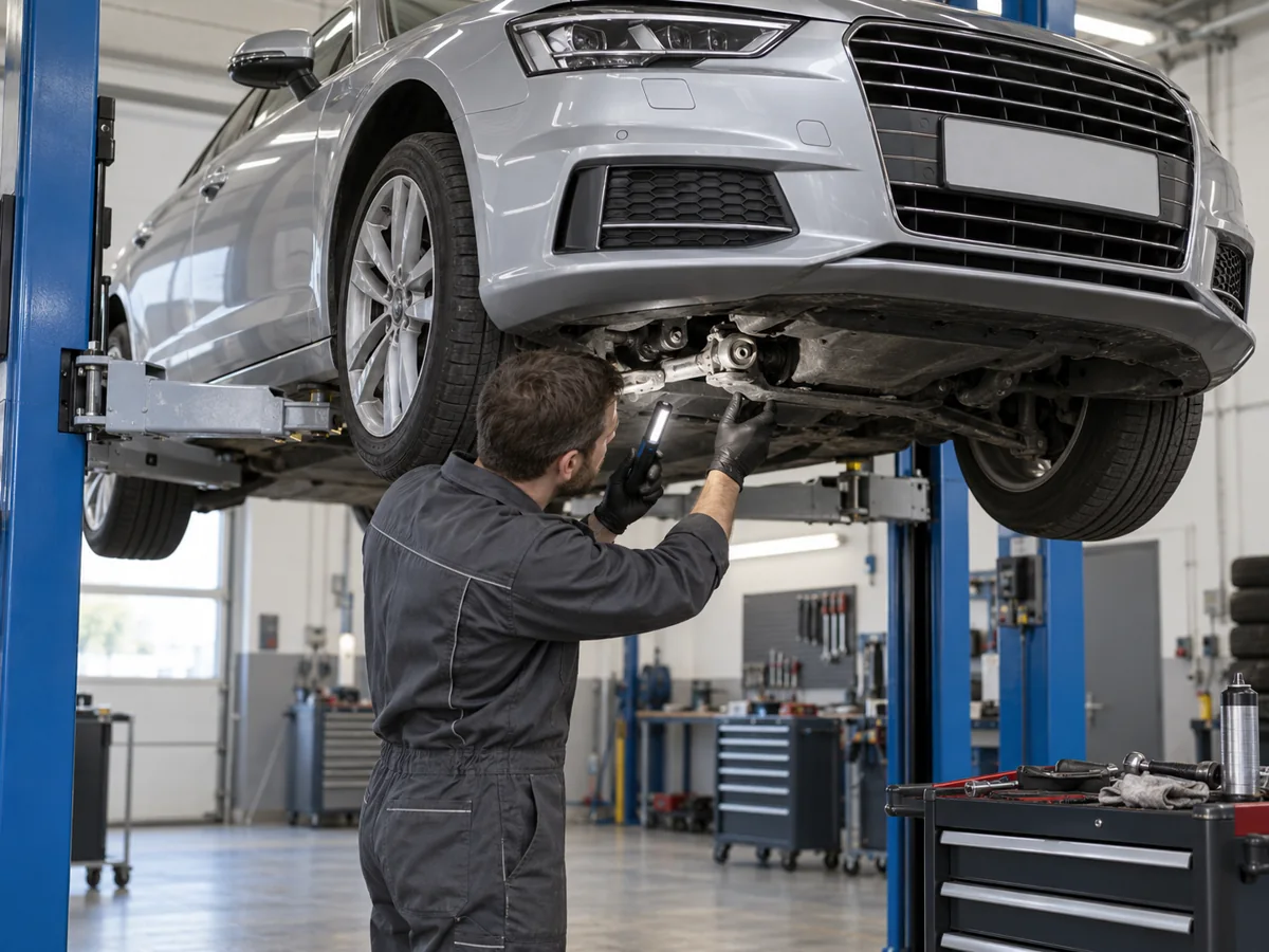 Illustration of an engine mounting inspection with the car on a lift